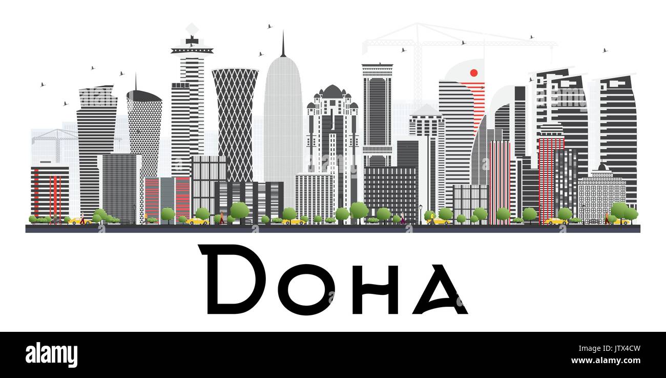 Doha Qatar avec toits de bâtiments gris isolé sur fond blanc. vector illustration. Les voyages d'affaires et tourisme concept. Illustration de Vecteur