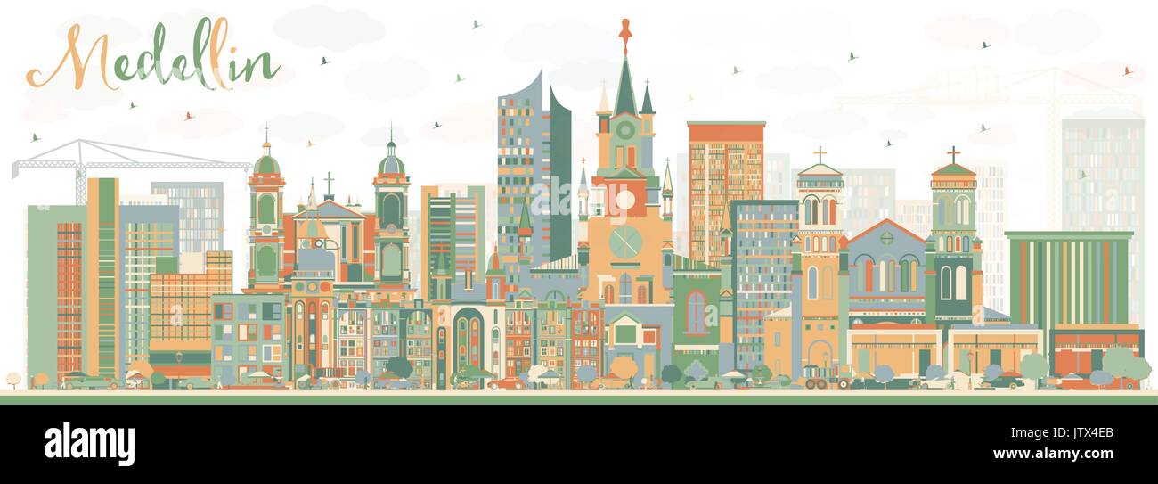Medellin avec toits de bâtiments de couleur. vector illustration. Les voyages d'affaires et tourisme concept avec l'architecture historique. Illustration de Vecteur