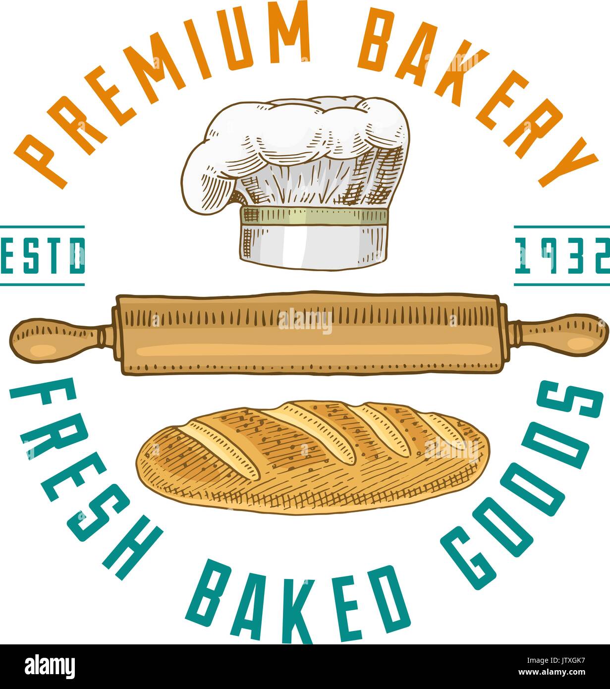 Rouleau à pâtisserie et un chef de cuisine, la cuisson du pain ou de trucs pour la décoration. menu logo emblème ou l'étiquette, gravé à la main dans de vieux croquis ou style vintage et de boulangerie de qualité supérieure. Des pâtisseries fraîches. Illustration de Vecteur