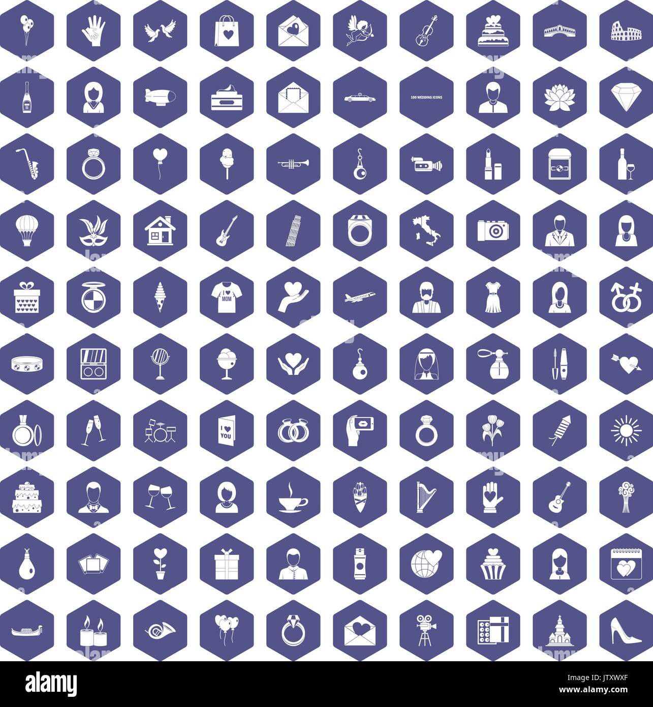 100 icônes de mariage mauve hexagonale Illustration de Vecteur