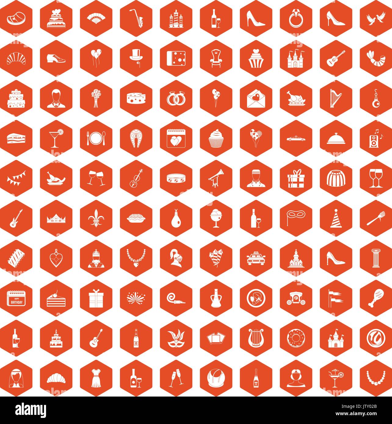 100 icônes banquet orange hexagonale Illustration de Vecteur