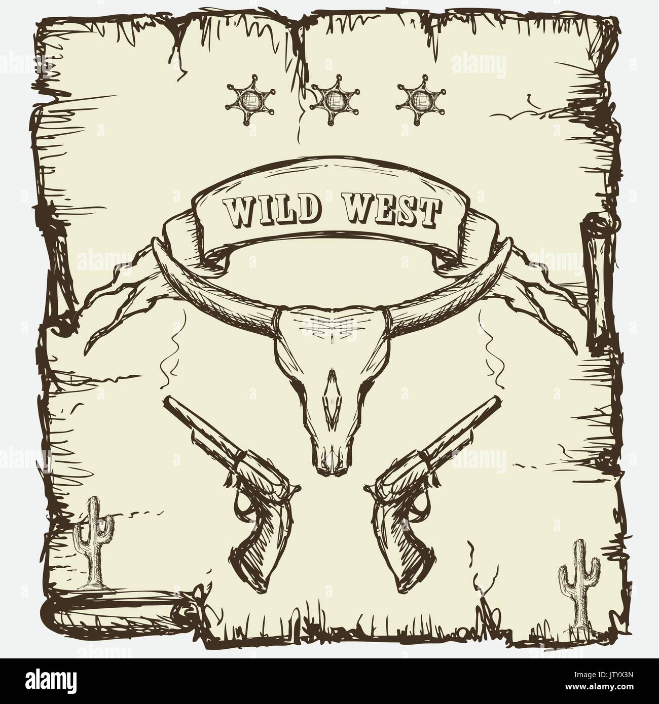 Style Vintage poster avec longhorn crâne, bannière, ruban de revolvers. Vecteur. Illustration de Vecteur