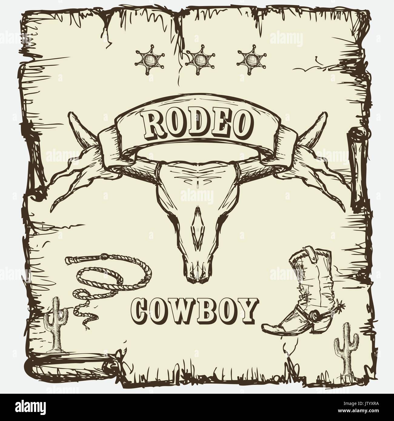 Rodeo style Vintage poster avec longhorn crâne, la bannière du ruban et un exemple de texte sur elle. Illustration de Vecteur