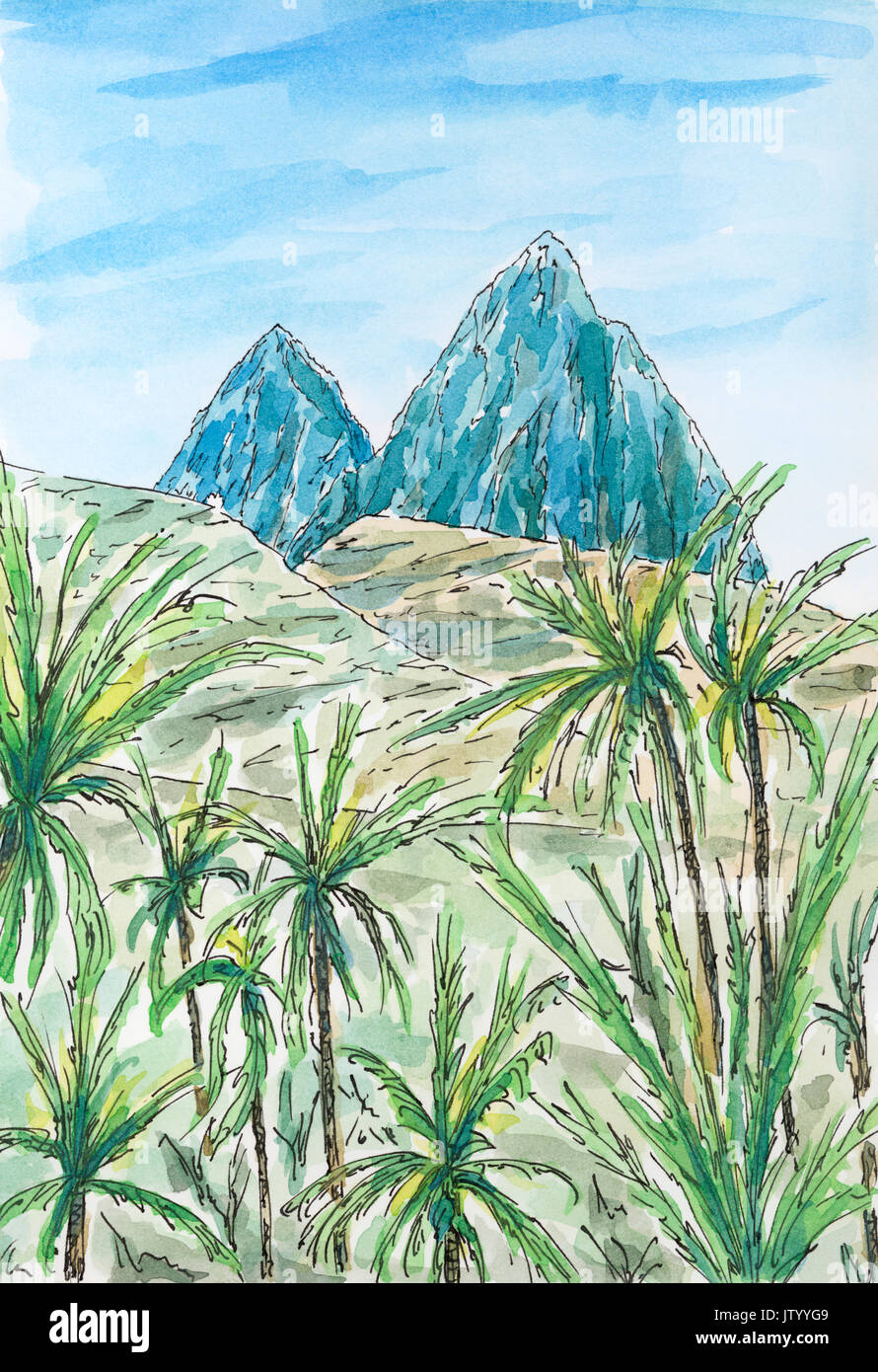 (Sous le Vent des Caraïbes Antilles) Paysage avec deux pics de montagne. Encre et aquarelle sur papier rugueux. Banque D'Images