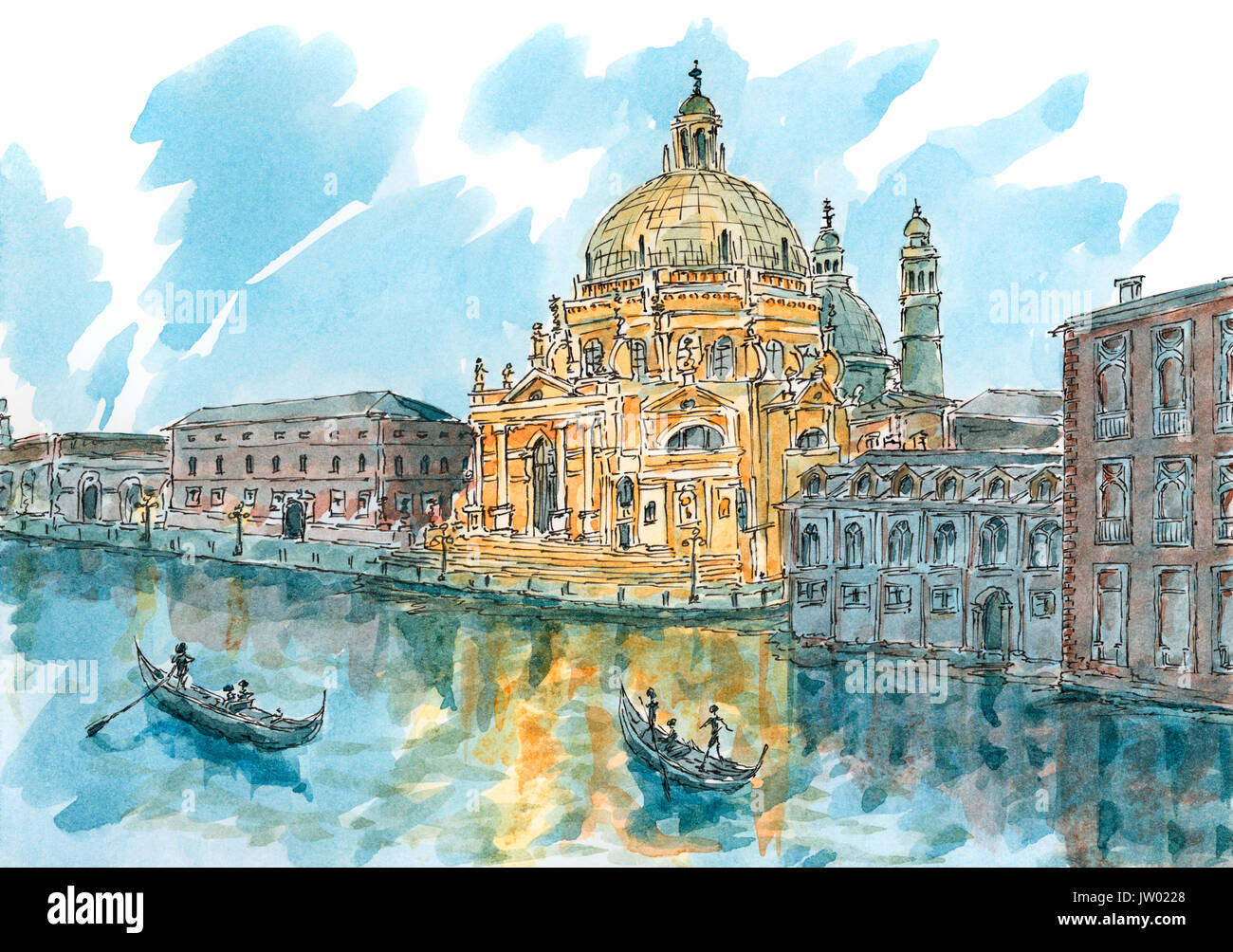 Venise (Vénétie, Italie) au crépuscule. Encre et aquarelle sur papier rugueux. Banque D'Images