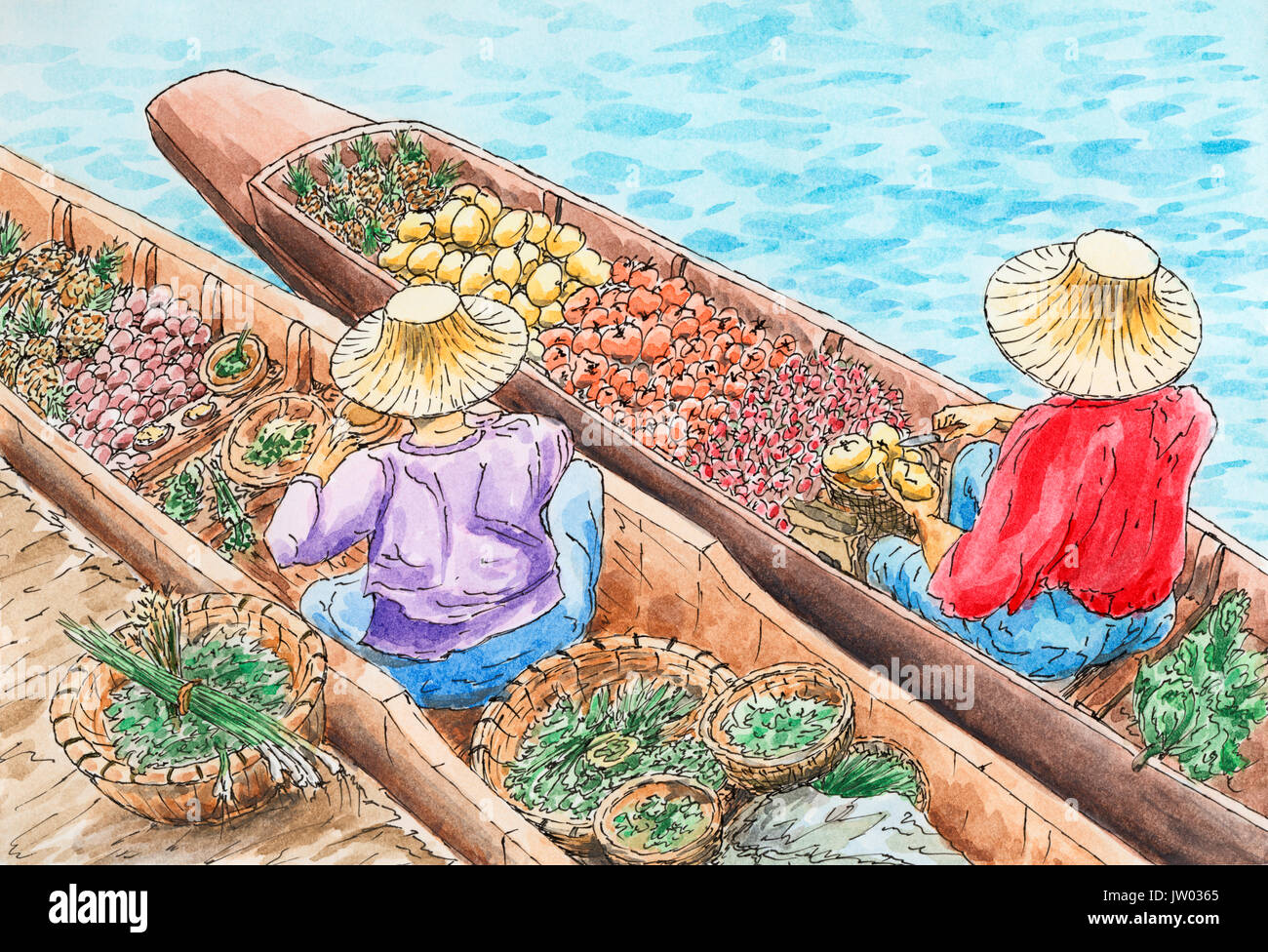 Marché flottant traditionnel thaï. Deux personnes vendant des fruits et légumes à partir d'un bateau. Encre et aquarelle sur papier rugueux. Banque D'Images