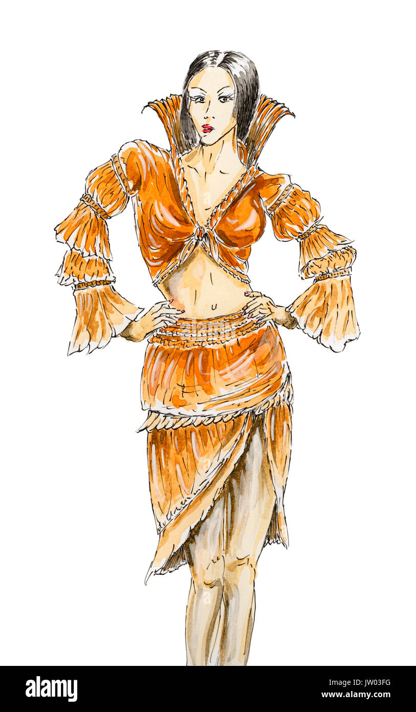 Design de mode féminine. Encre, Aquarelle et gouache sur papier rugueux. Banque D'Images