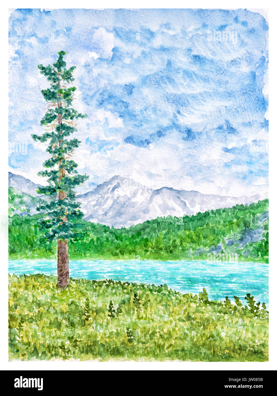 Paysage de montagne d'été avec grand sapin et du Tarn, dessiné à la main et peint à l'Aquarelle Banque D'Images