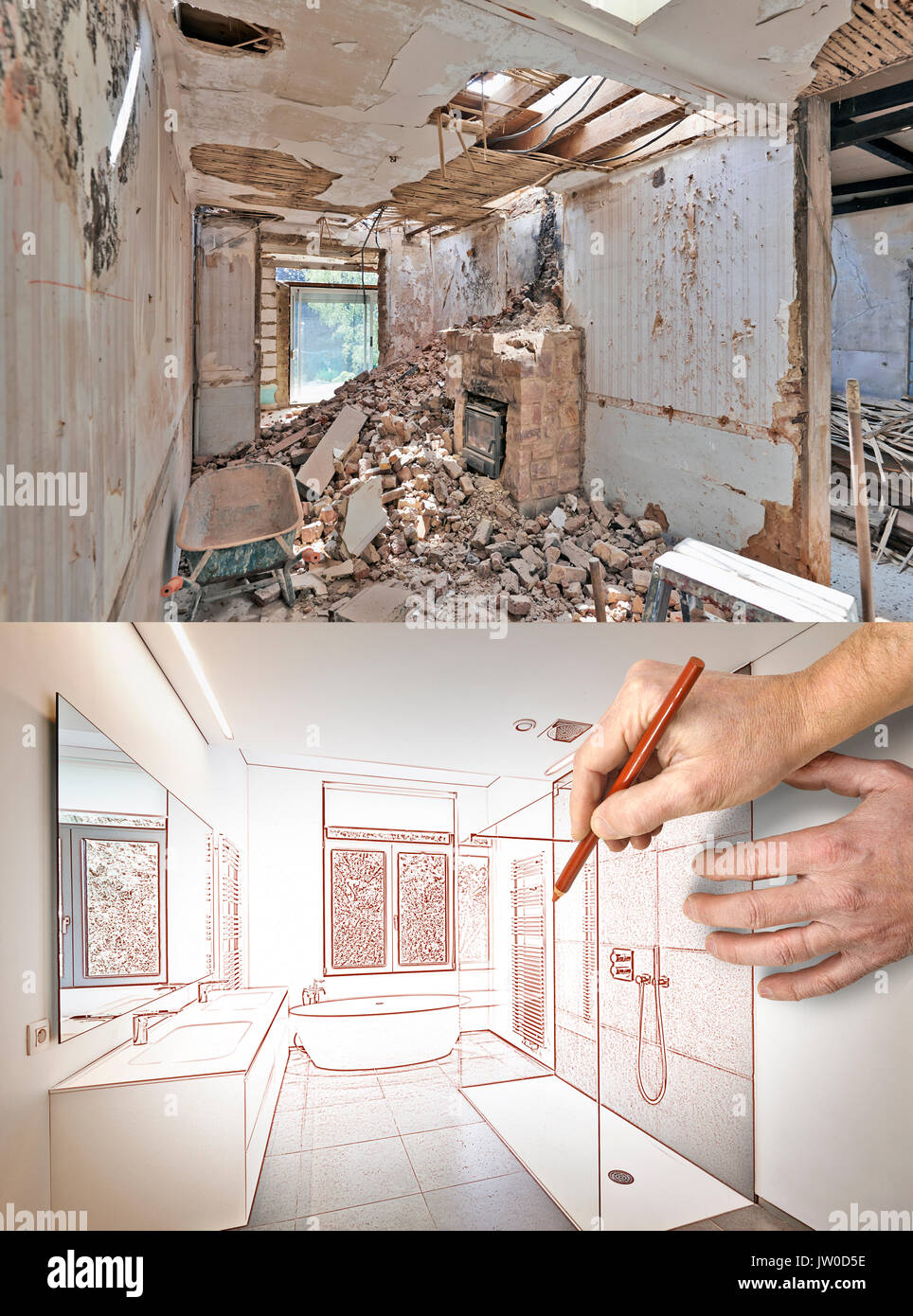 Dimensions et planifié la rénovation d'une salle de bains avant et après Banque D'Images