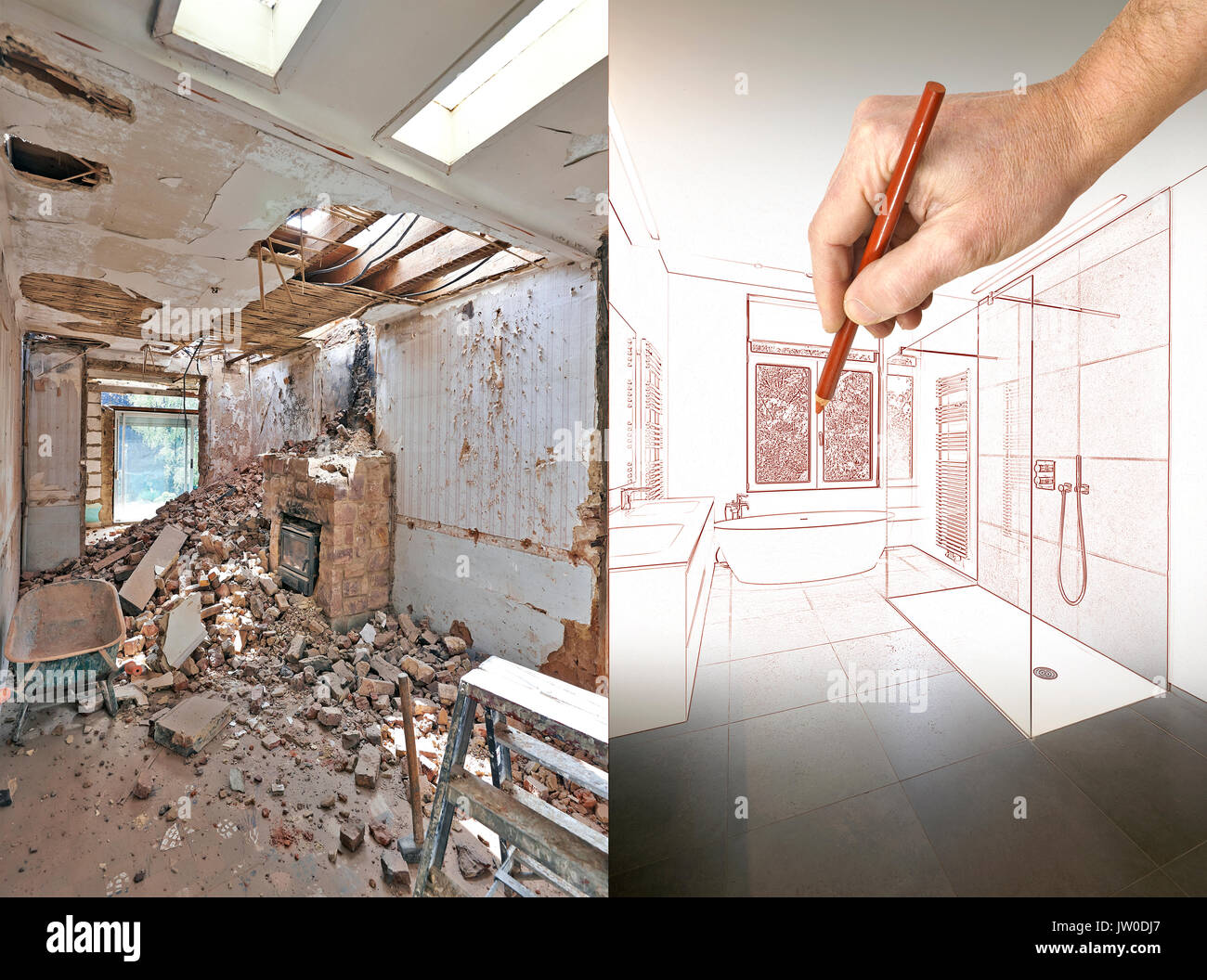 Dimensions et planifié la rénovation d'une salle de bains avant et après Banque D'Images