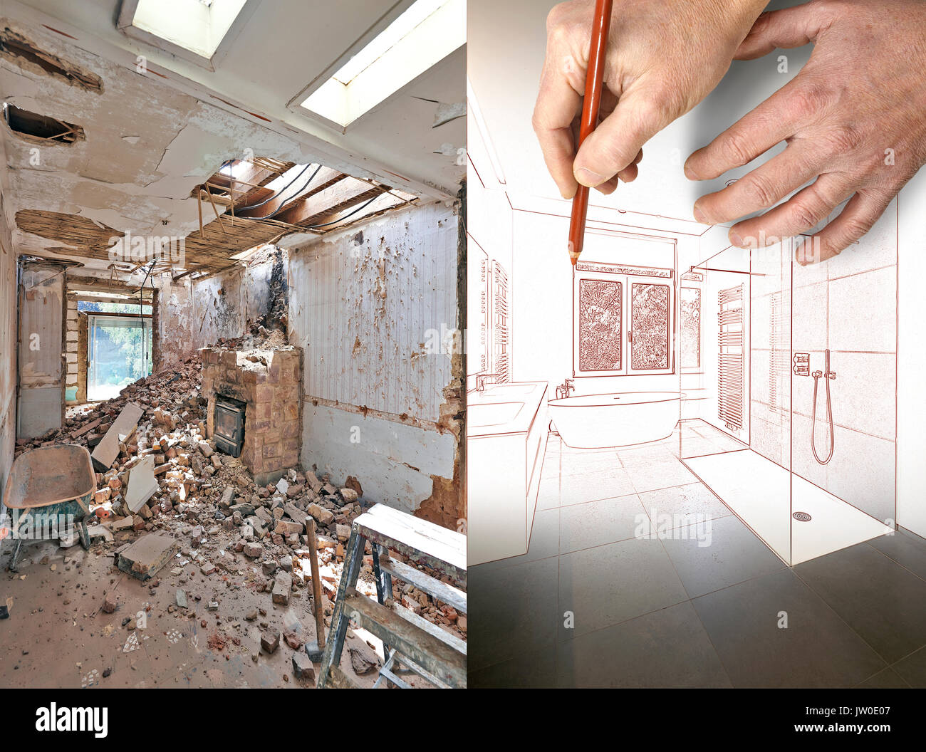 Dimensions et planifié la rénovation d'une salle de bains avant et après Banque D'Images