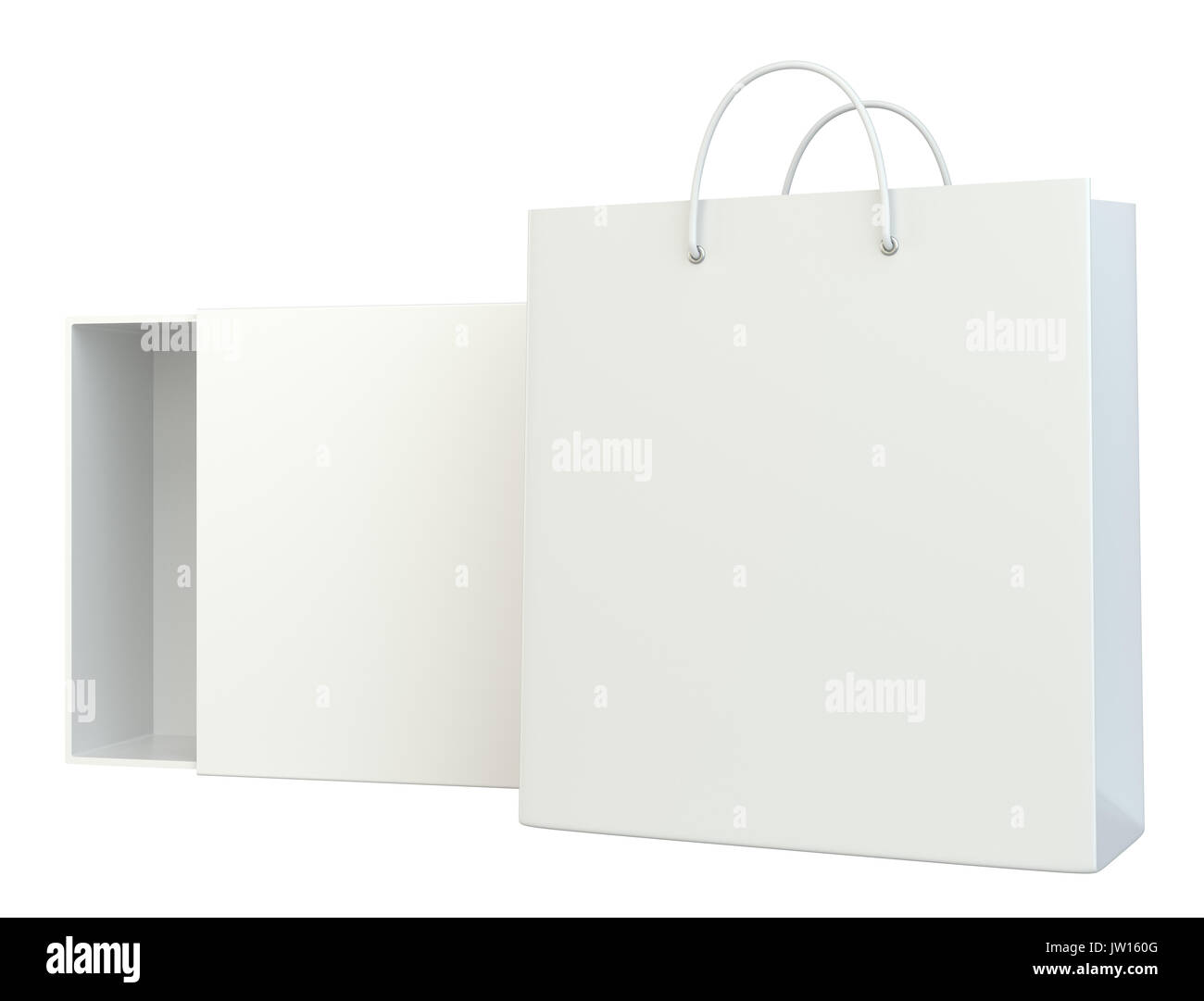 Boîte vide et ouvert panier sur fond blanc. Le rendu 3d. Banque D'Images