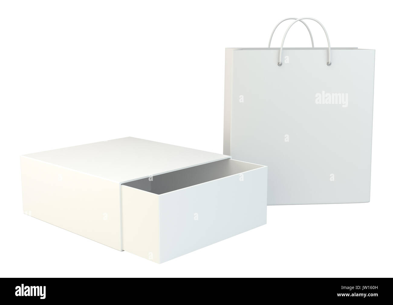 Boîte vide et panier sur un sol gris. Le rendu 3d. Banque D'Images