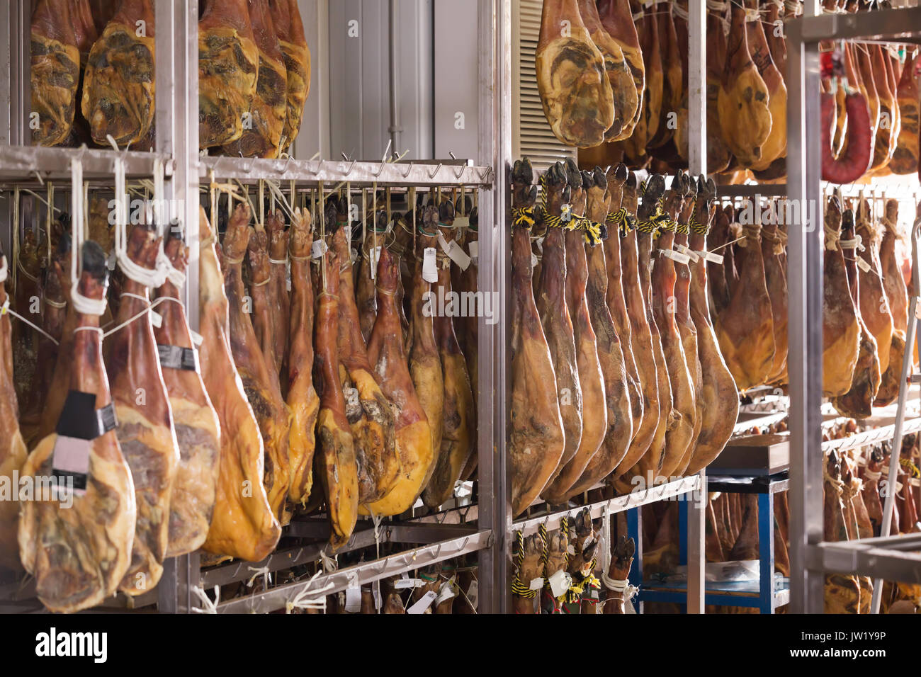 Les joints secs et salés de jamon iberico suspendu à jamon factory Banque D'Images