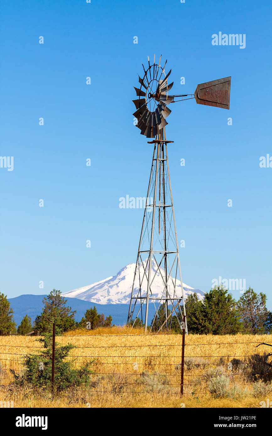Le pompage de l'eau Moulin à champ de blé dans le centre de l'Oregon avec Mount Jefferson en arrière-plan sur un ciel bleu clair jour Banque D'Images
