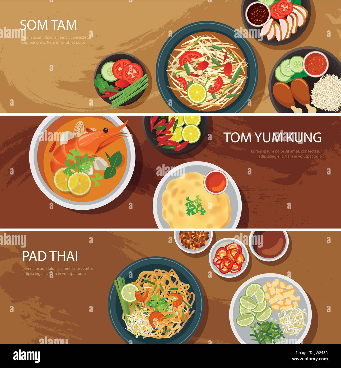 Thai Food bandeau web design plat.som tam, tom yum kung,pad thaï Illustration de Vecteur