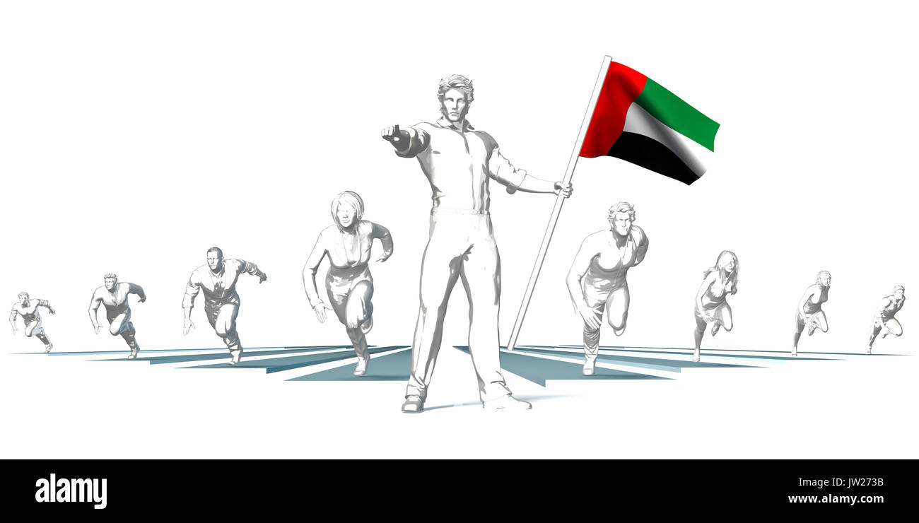 Emirats arabes unis la course pour l'avenir de l'Homme tenant un drapeau Banque D'Images