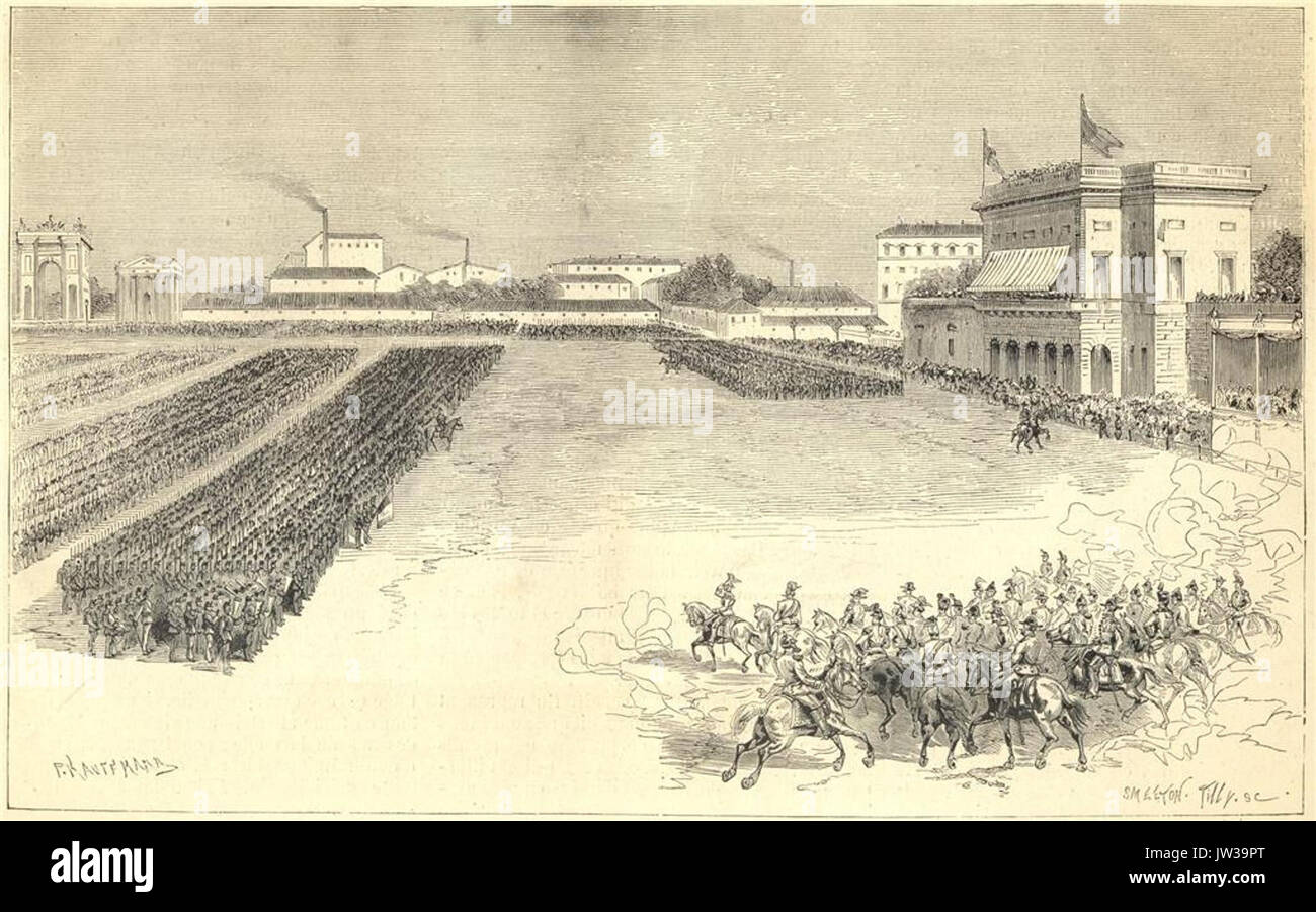 P Kauffmann & Joseph Burn Smeeton e Auguste ( 1898) La grande revue de l'Armée Plaza pour Guillaume II d'Allemagne, à Milan (1875) L'illustration, 1875 Banque D'Images