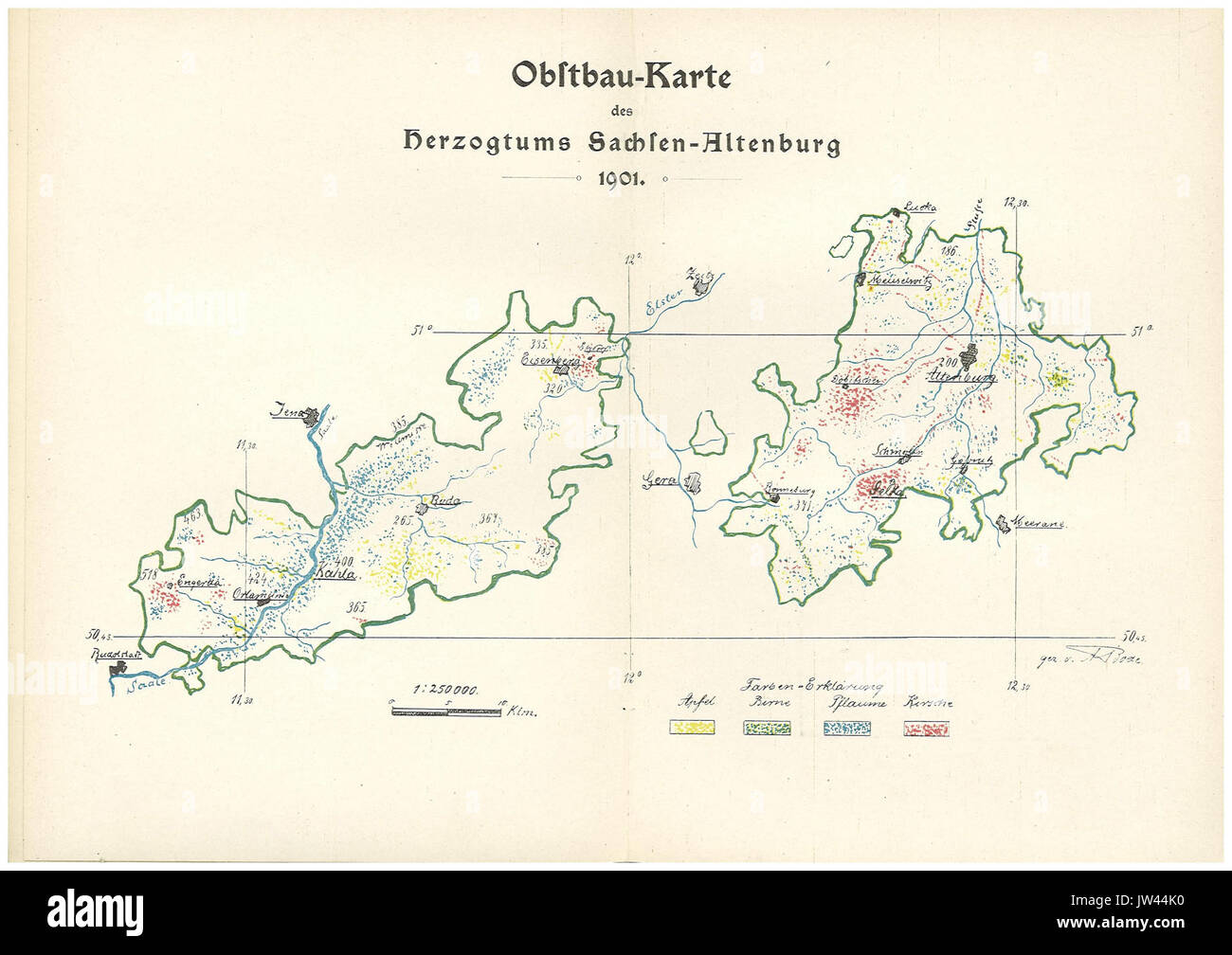 Cette carte de 1901 représente les régions fruitières (Obstbau) dans le duché de Saxe-Altenbourg, donnant un aperçu des pratiques agricoles et de l'utilisation des terres pendant cette période. Banque D'Images