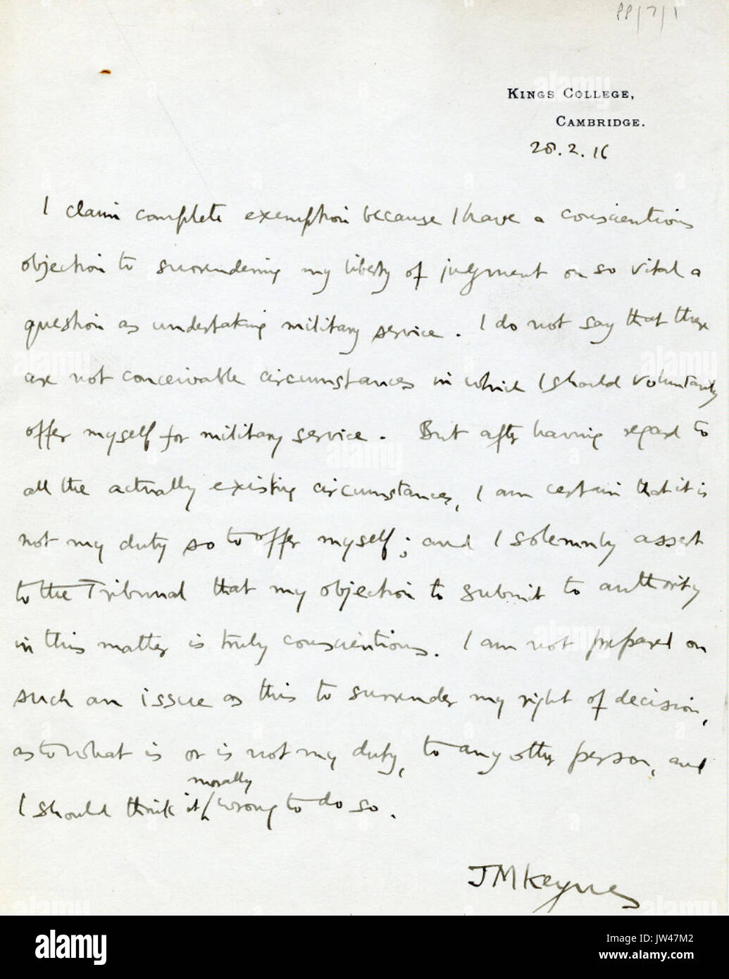 Keynes conscentious objection 1916 Banque D'Images