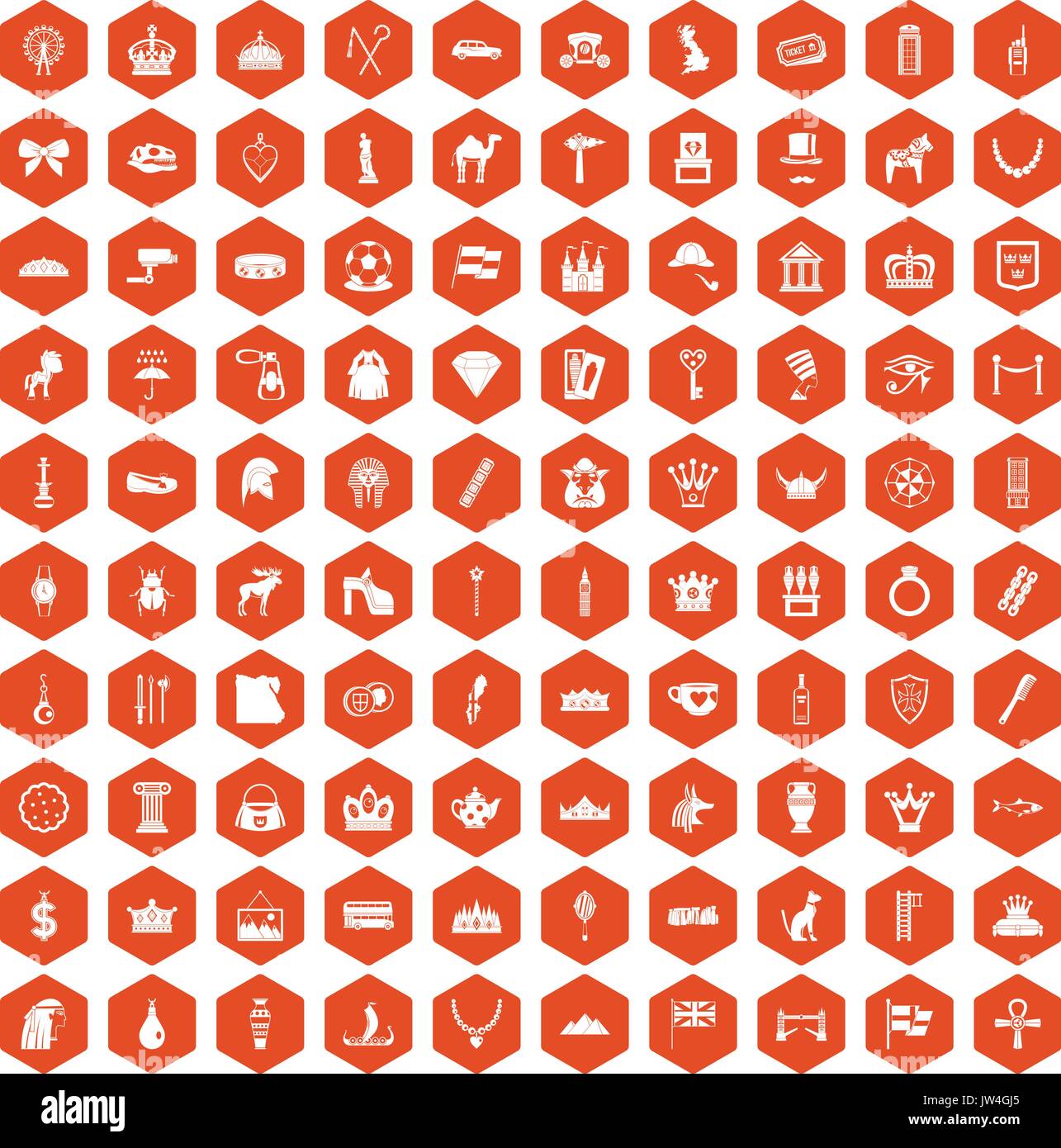 100 icônes de la couronne orange hexagonale Illustration de Vecteur