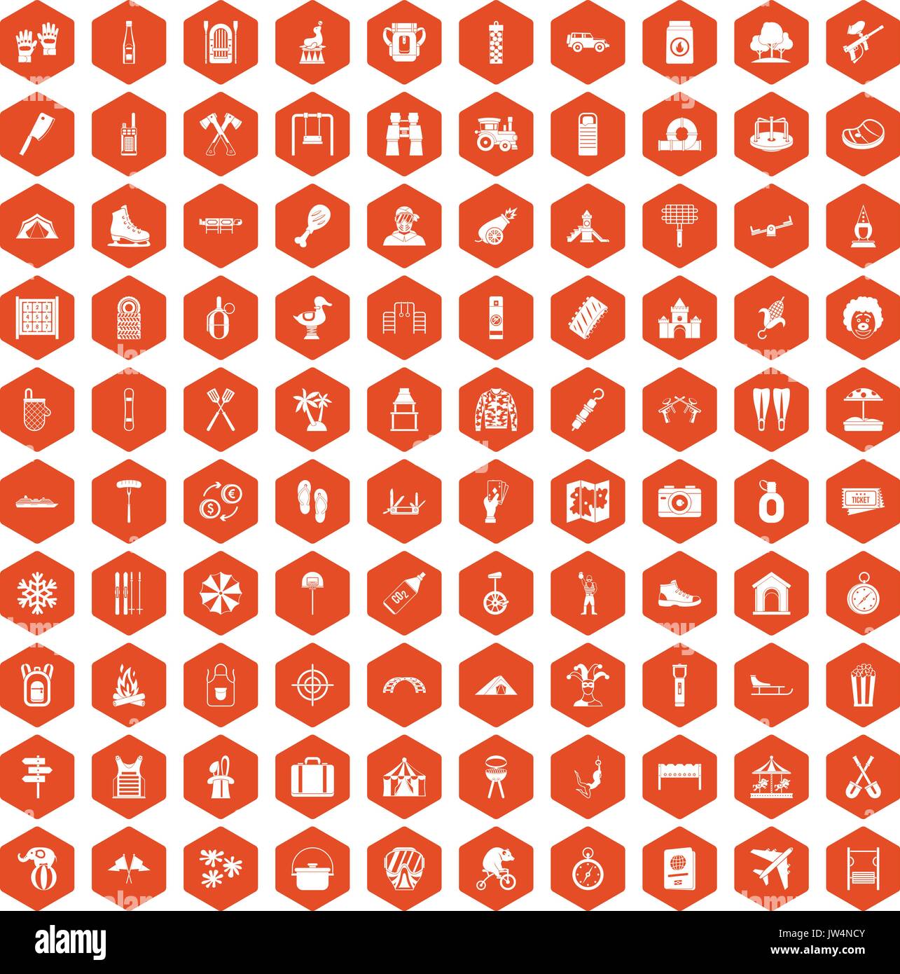 100 icônes famille vacances orange hexagonale Illustration de Vecteur