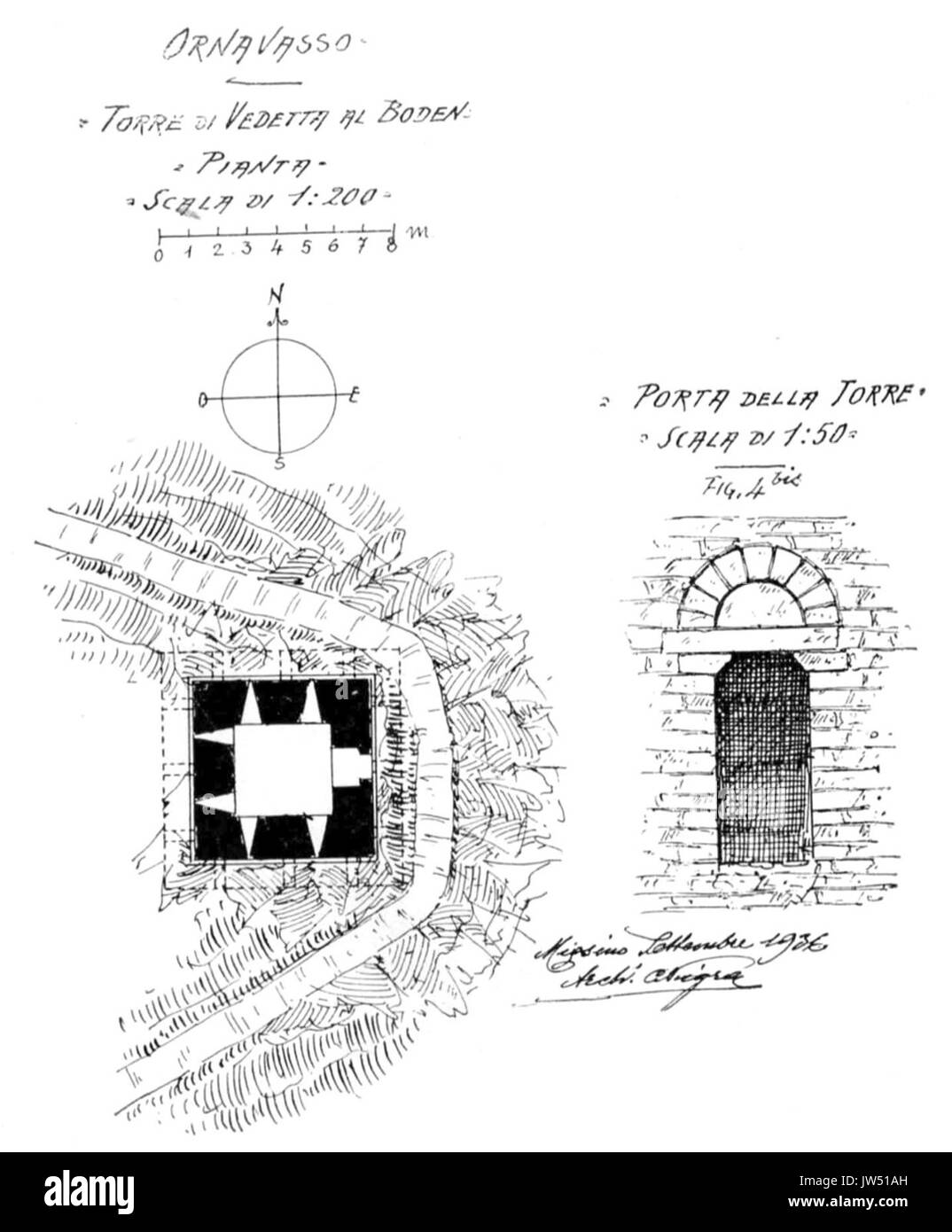Fig 4 e 4bis ornavasso, p129, pianta Torre di vedetta al boden e porta della Torre, dis nigra nigra sett 1936, il novarese Banque D'Images