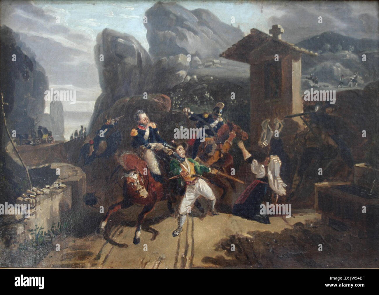 Cercle de Carle Vernet (1758) 1835 BRIGANDS ATTAQUANT HUSSARS SUR UNE ROUTE DE MONTAGNE Huile sur toile Banque D'Images