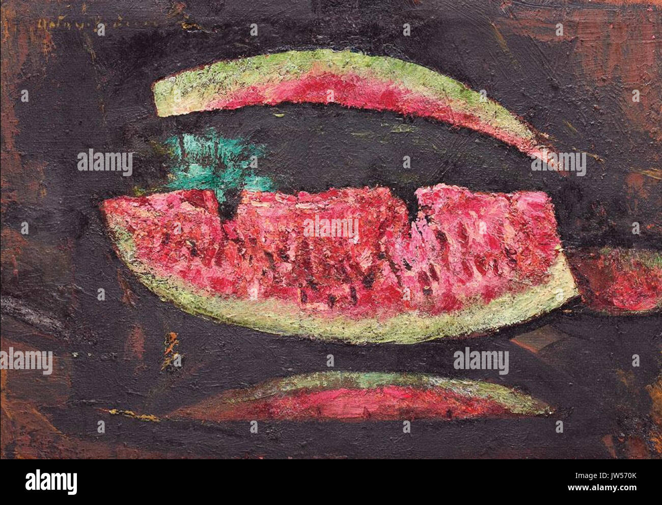 La peinture d'Octav Bancila 'Pepene rosu' représente un arrangement de nature morte d'une pastèque. L'œuvre d'art reflète l'accent de l'artiste sur la nature et la vie quotidienne avec un réalisme et des couleurs vibrants. Banque D'Images