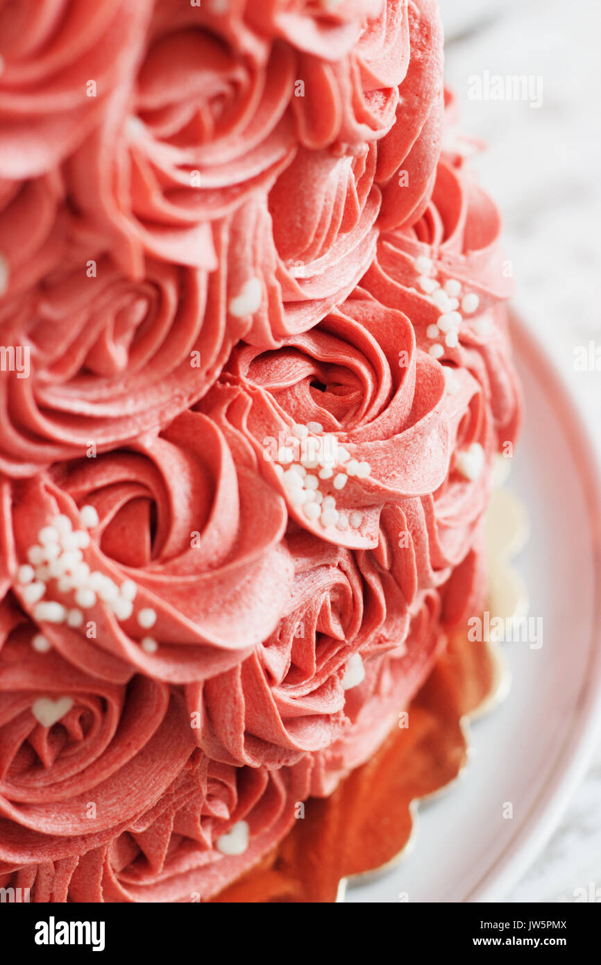 À deux niveaux magnifiques et recouverte de roses faite de crème au beurre cerise assis sur un piédestal avec fond de gâteau Banque D'Images