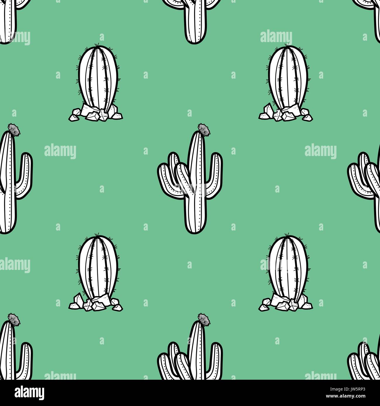 2 styles de cactus au contour noir et blanc avion rétro sur fond vert. hand drawn seamless pattern style. vector illustration. Illustration de Vecteur