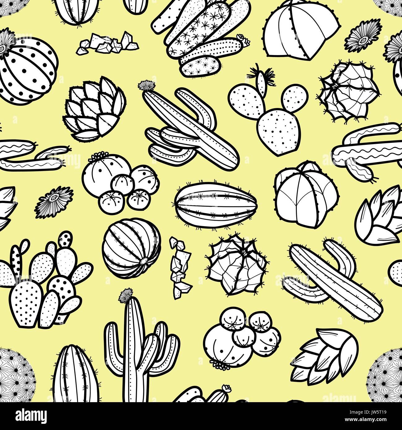 Plantes grasses et cactus en contour noir sur fond jaune pastel. hand drawn seamless pattern style. vector illustration. Illustration de Vecteur