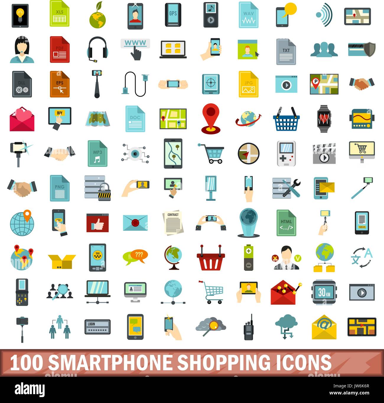 100 shopping smartphone icons set, style plat Illustration de Vecteur