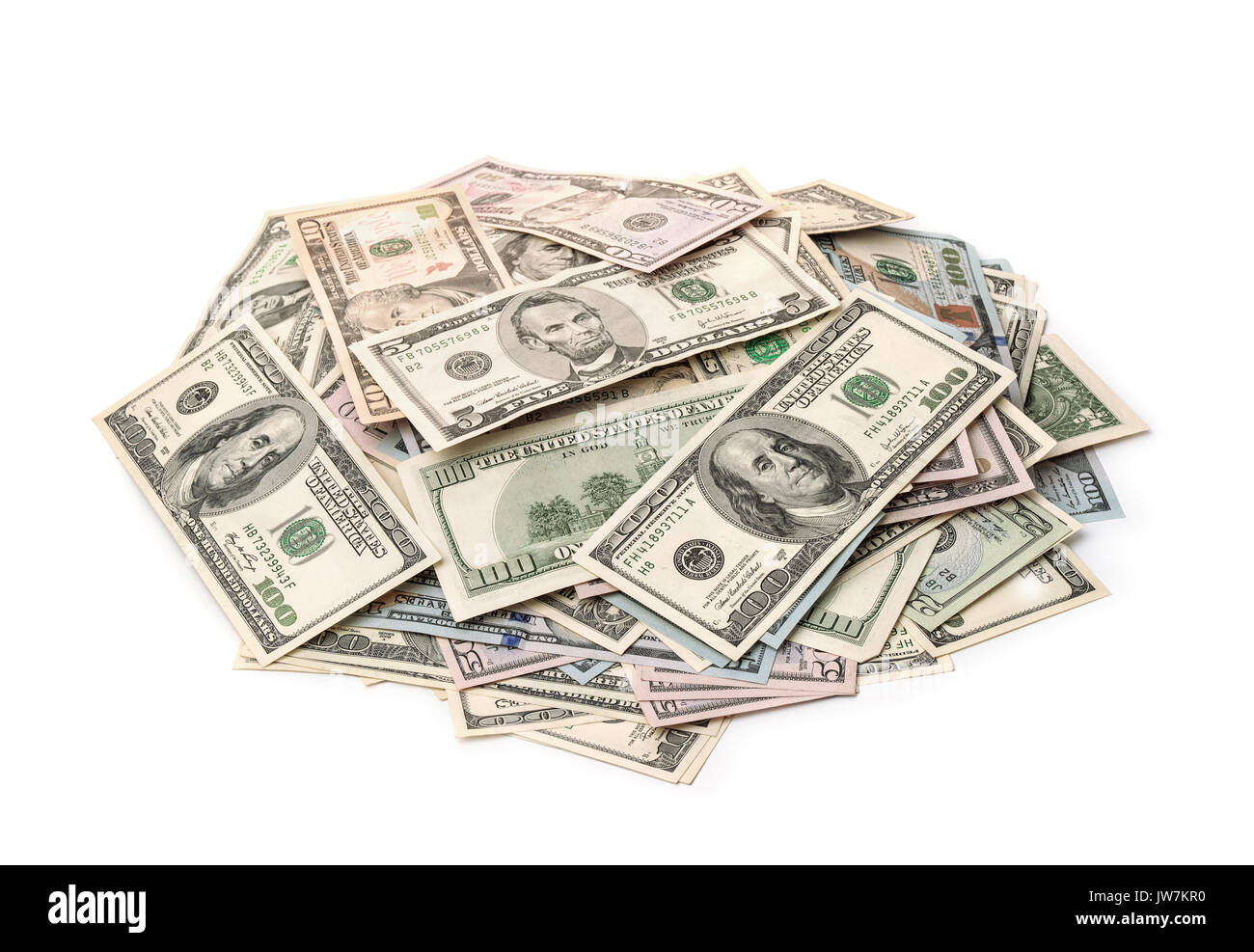 Pile de billets de dollars varié isolated on white Banque D'Images