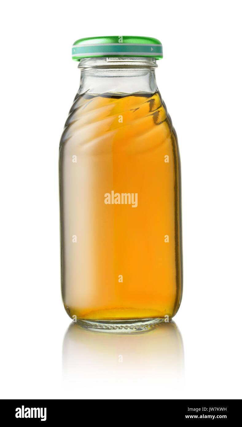 Petite bouteille de jus de pomme isolated on white Banque D'Images