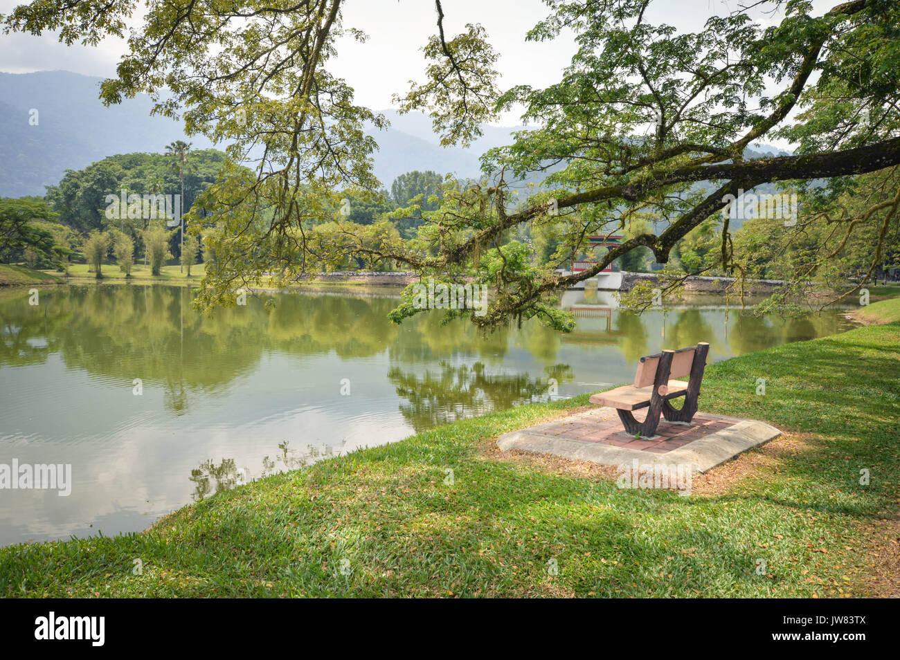 Banc et de l'eau reflets dans Taman Tasik, aka Jardins du Lac, dans la ville de Taiping, l'État de Perak, Malaisie Banque D'Images