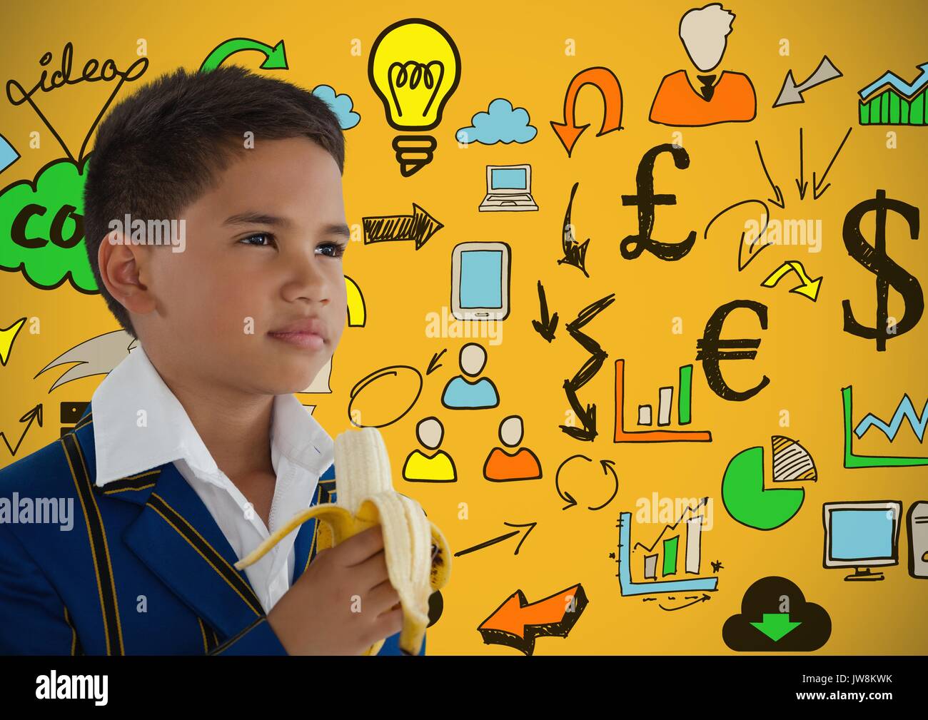 Digital composite de boy eating banana en face du concept d'idées colorées Banque D'Images