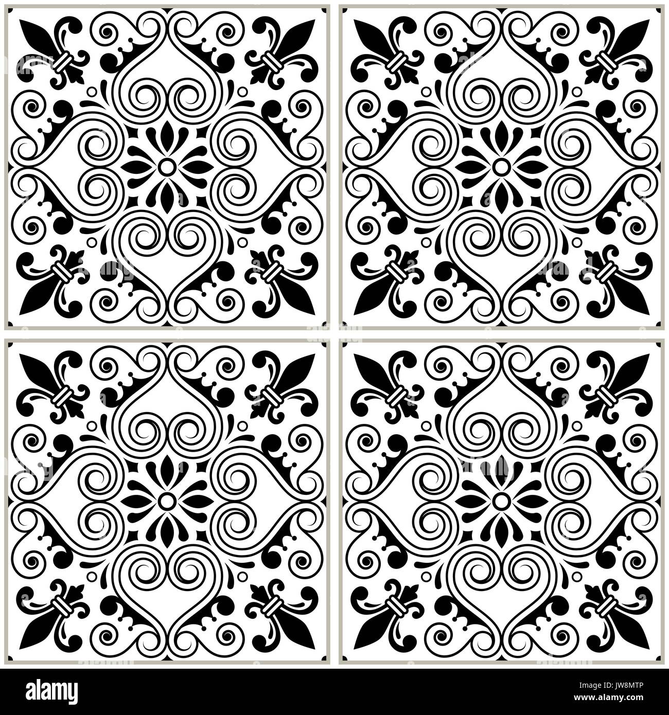 Motif carreaux portugais azulejo - design noir et blanc vectoriel continu, fond bleu, vintage jeu de mosaïques Illustration de Vecteur