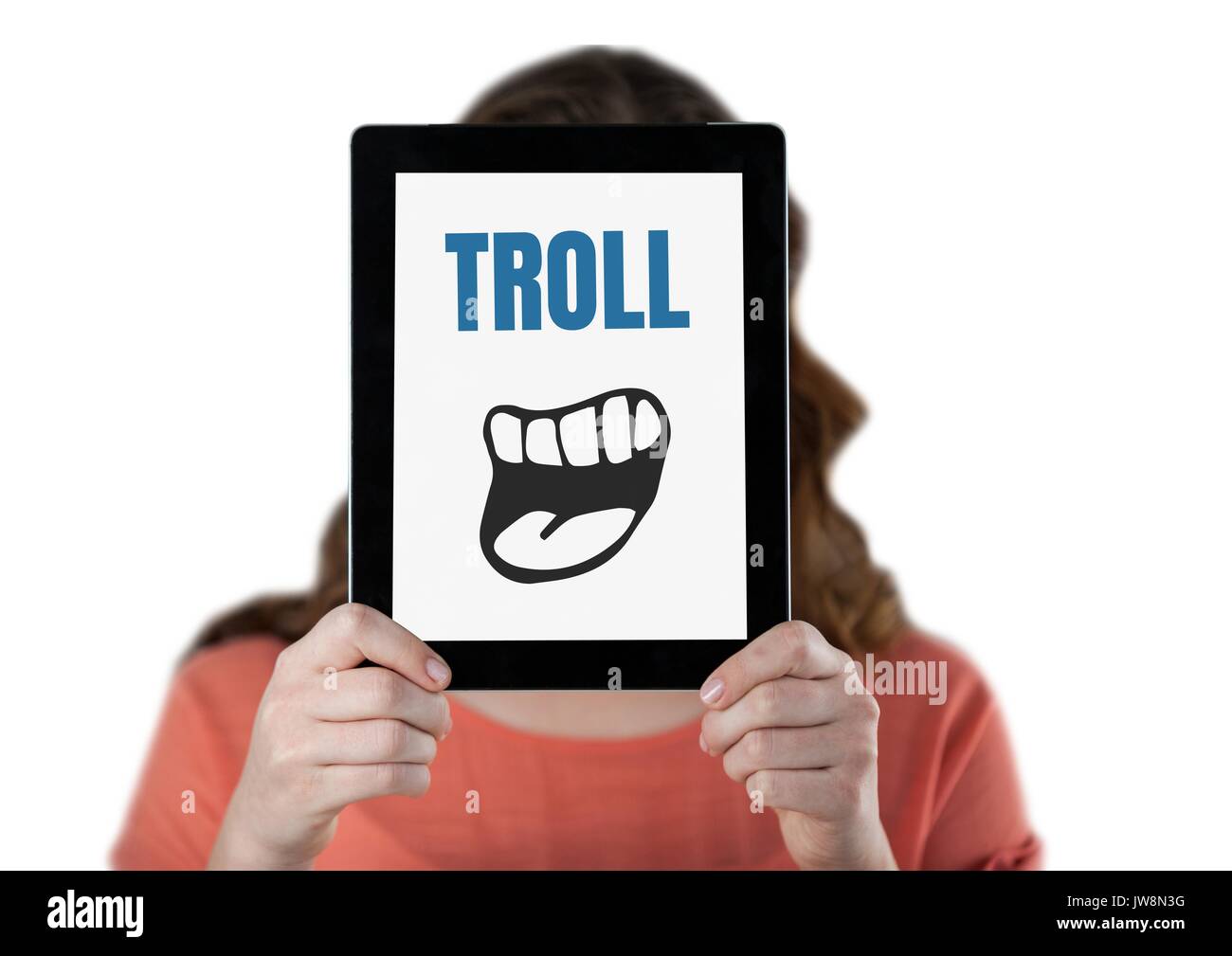Digital composite de Troll texte avec cartoon bouche sur tablet plus womans face Banque D'Images