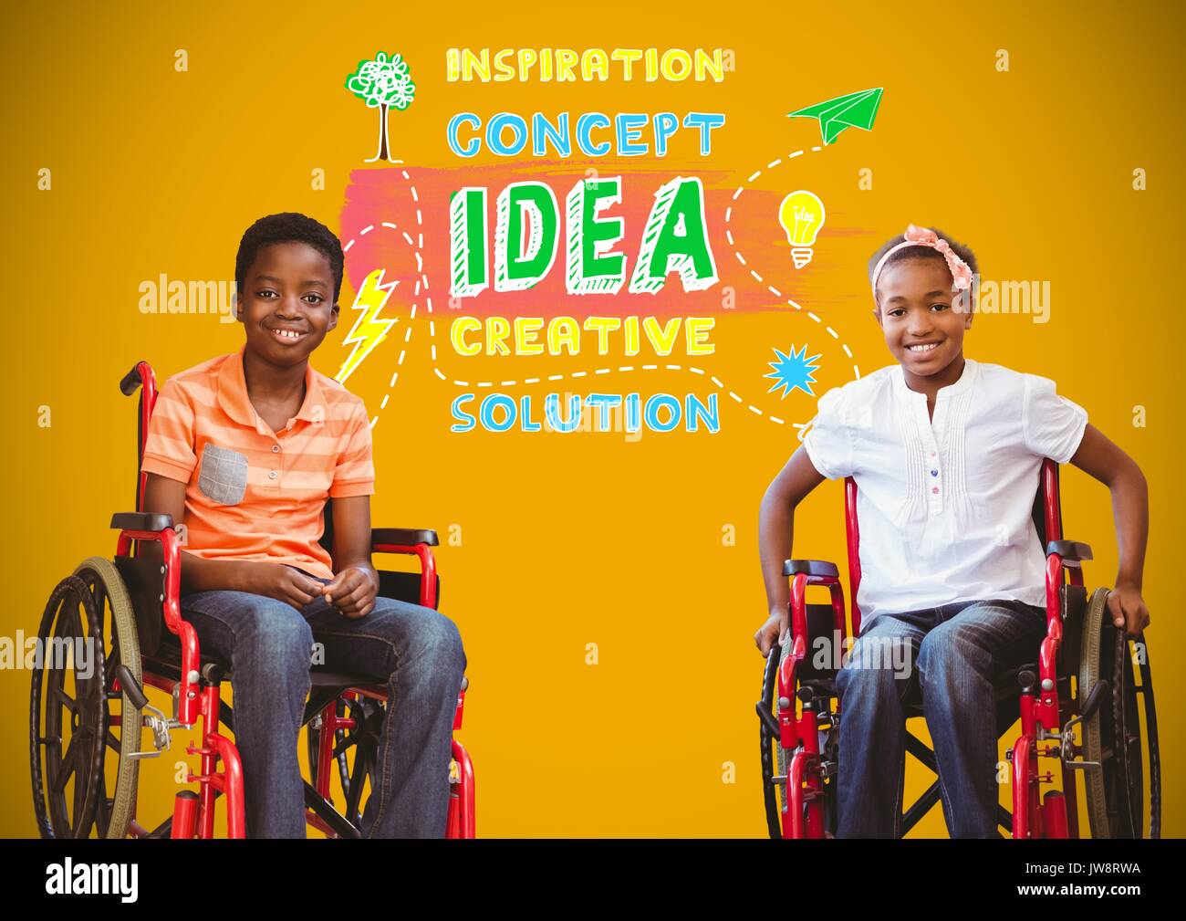 Composite numérique des garçons handicapés en fauteuil roulant avec des graphiques colorés idée concept Banque D'Images