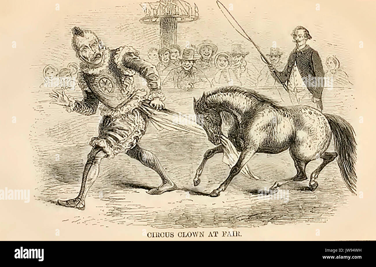 19e siècle clown de cirque spectacle avec poney Shetland lors d'une foire Banque D'Images