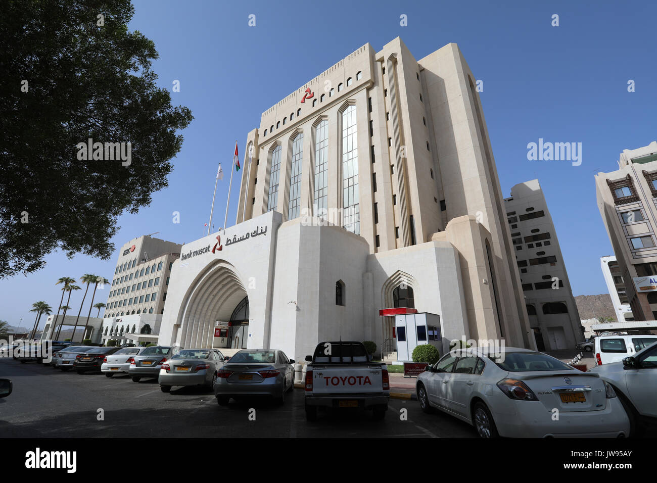 Les bureaux de Bank Muscat sur Markzi Al Tijari Mutrah street dans le district de Jounieh, Muscat, Oman, le 7 août 2017. Banque D'Images