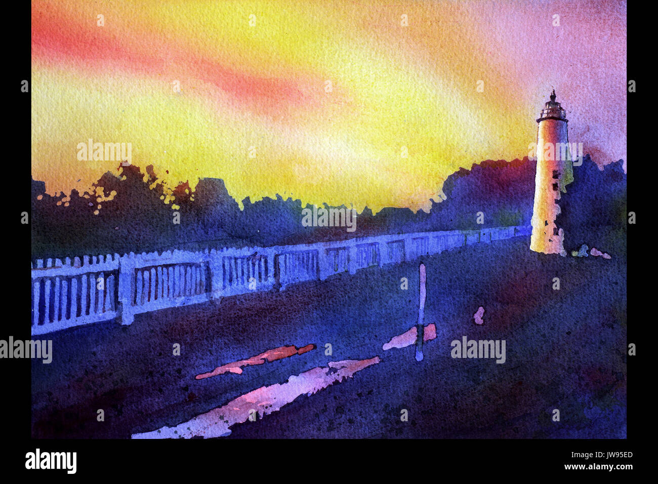 Fine art de l'aquarelle d'Ocracoke Island phare au coucher du soleil dans les Outer Banks (OBX) de Caroline du Nord - USA Banque D'Images