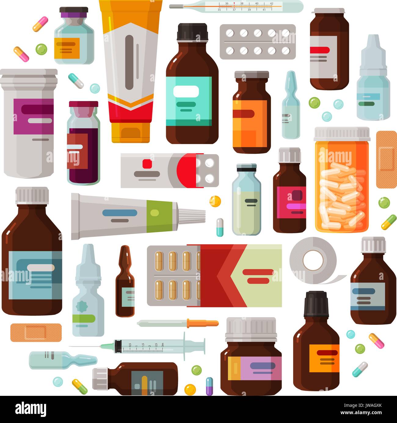 Médecine, Pharmacie concept. Médicament, médicament ensemble d'icônes. Vector illustration Illustration de Vecteur