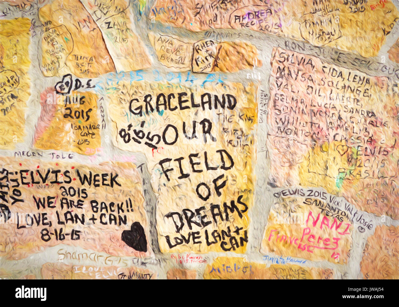 Graffiti sur mur de pierre à l'entrée de Graceland, Elvis Presley. --Art Peinture Photo Numérique Banque D'Images