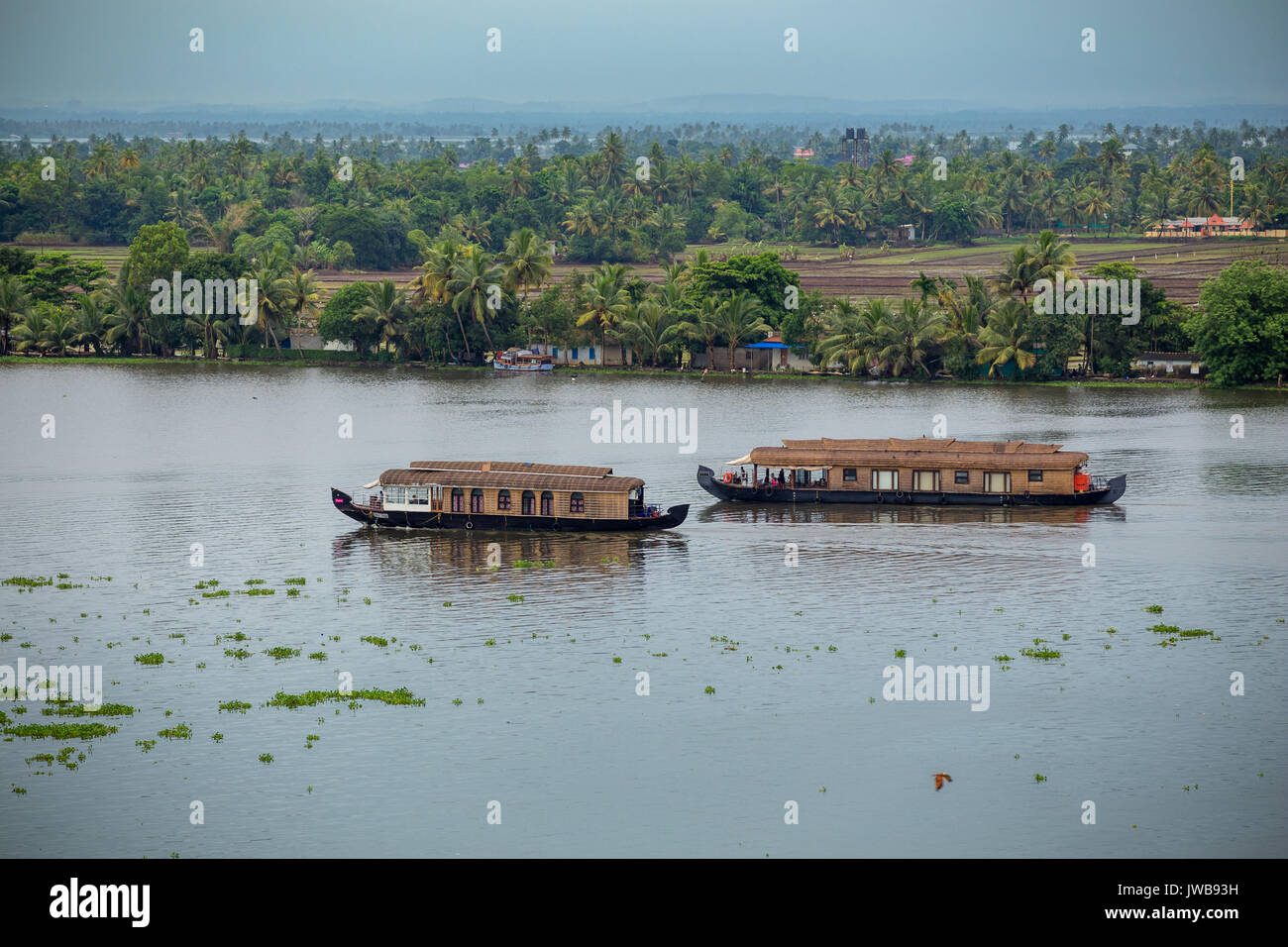 Kumarakom Backwaters du Kerala, en Inde - Juillet 2017 : Allappey ou Alappuzha dans le Kerala est connu pour péniche croisières le long de la Kerala backwaters rustique Banque D'Images