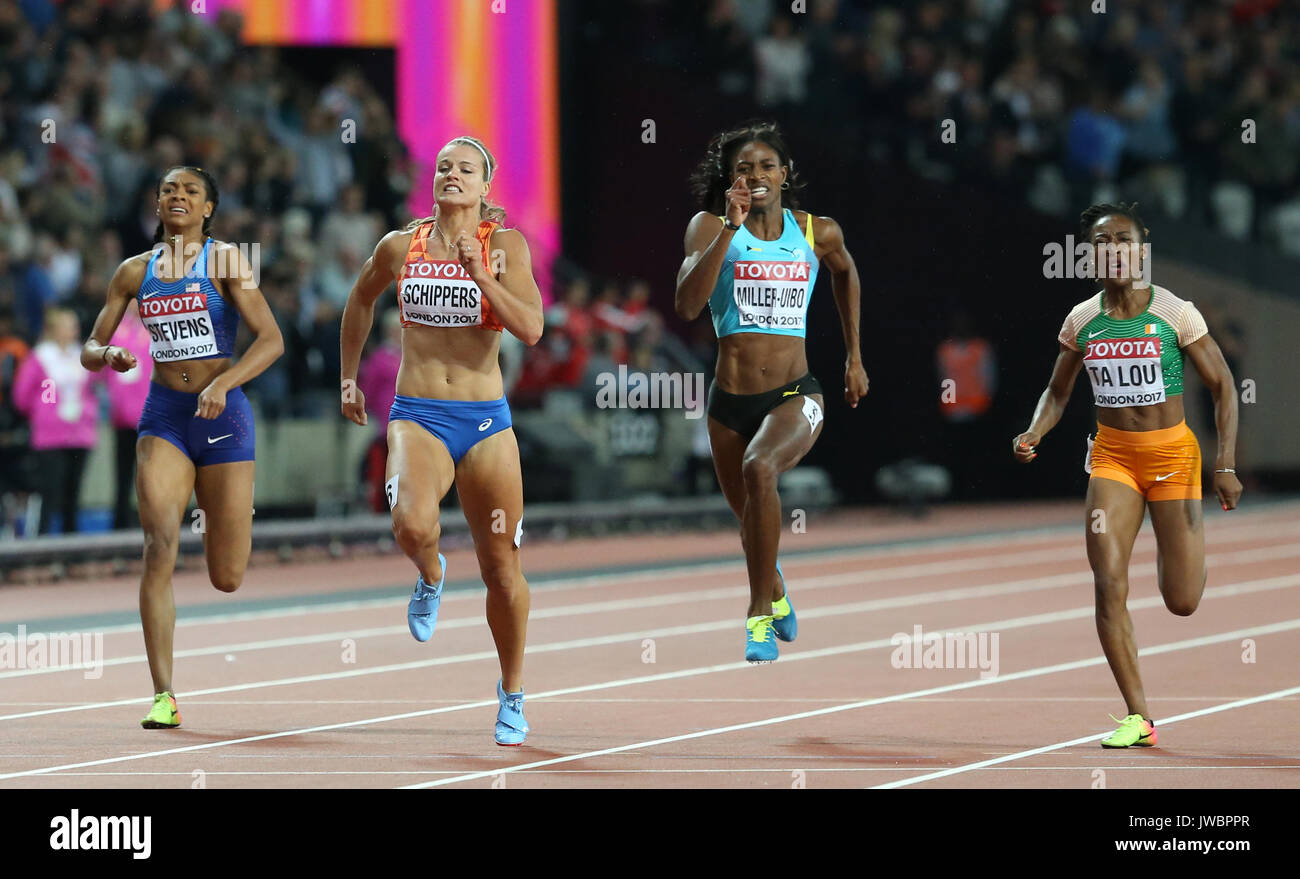 USA's Deajah Stevens, Netherland's Dafne Schippers, Bahamas' Shaunae Miller-Uibo Maria-Josee et la Côte d'Ivoire Ta Lou pendant huit jours du championnat du monde de l'IAAF 2017 à la London Stadium. Banque D'Images