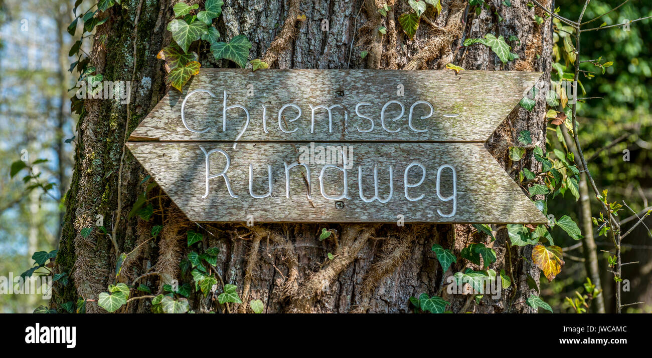 Panneau, bois signer Chiemsee chemin de ronde, Chiemsee, Haute-Bavière, Bavière, Allemagne Banque D'Images