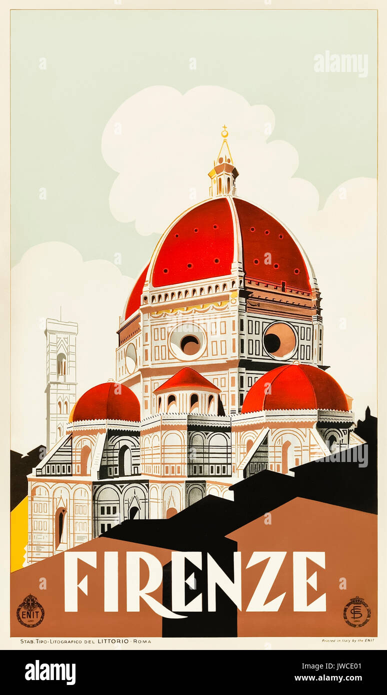 'Firenze' (Florence) vers 1930 Tourisme affiche présentant le campanile de Giotto et la cathédrale. Publié par Ferrovie dello Stato (FS -Chemins de fer de l'État italien) et l'ENIT (Agenzia nazionale del turismo - Office du tourisme italien). Banque D'Images