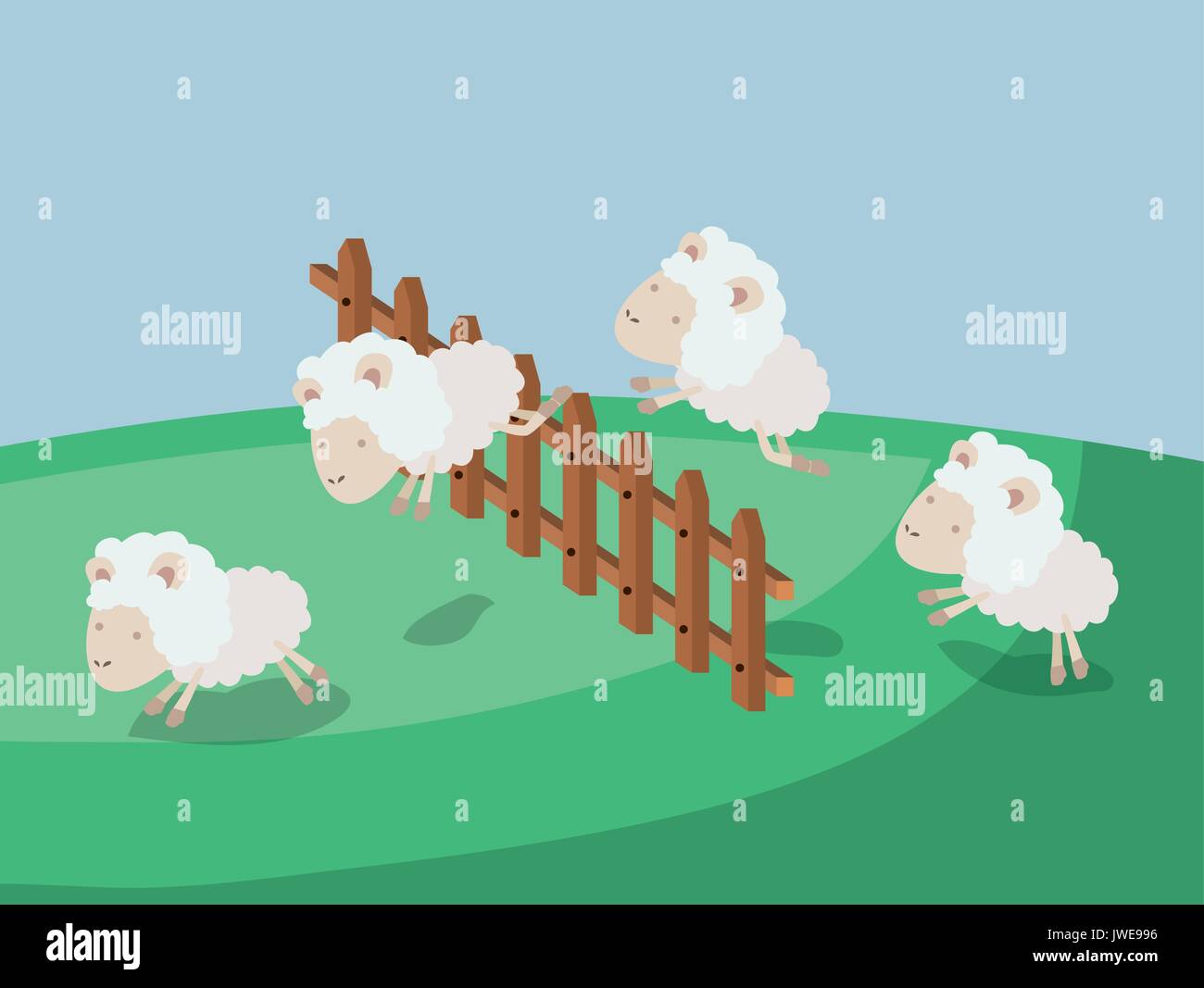 Poster couleur paysage scène du temps de sommeil avec moutons sauter clôture en bois Illustration de Vecteur